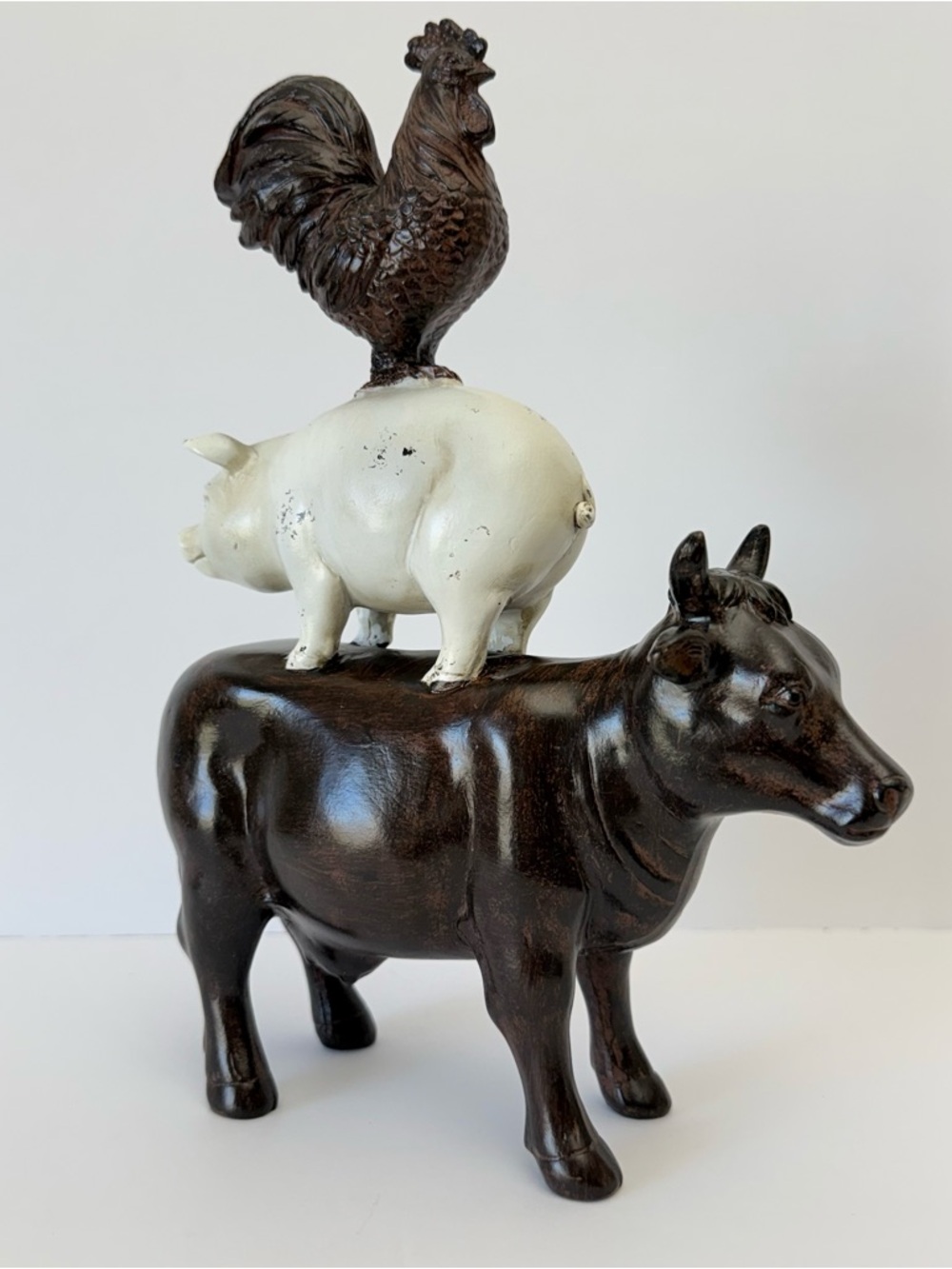 3 Stacked Farm Animals Rooster Pig Cow Resin Statue Figurine Home Decor 11”